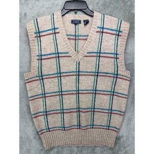 VTG Crew Men's Sweater Vest Sz L Beige Multicolor Plaid V-Neck Shetland Wool